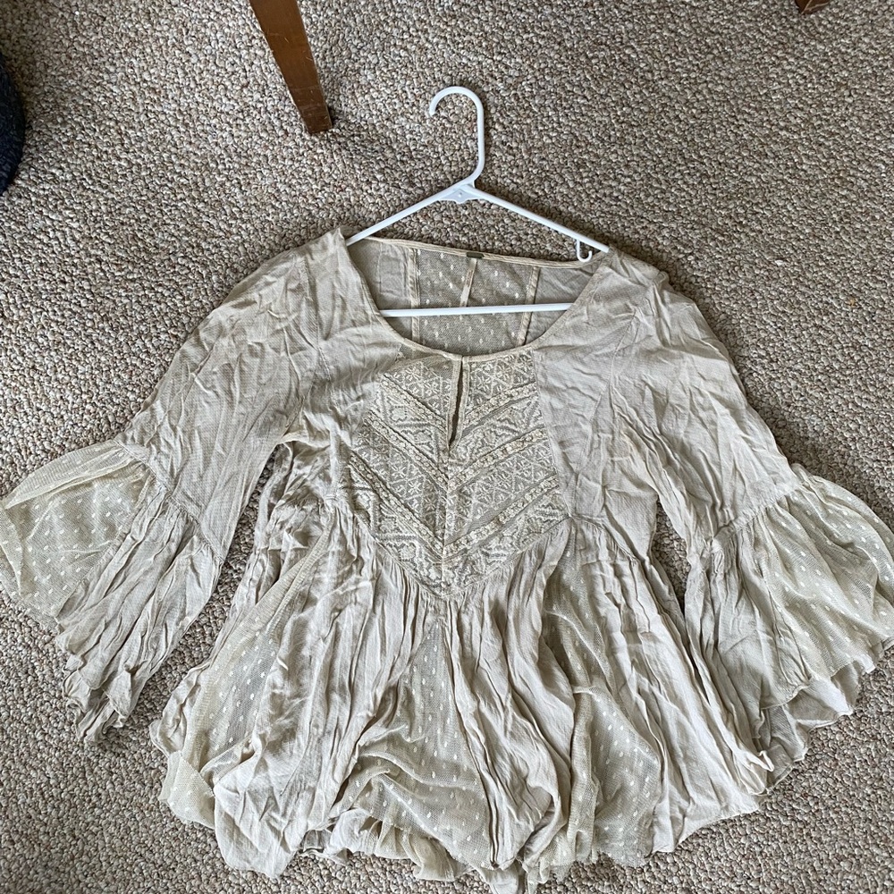 Free People Boho Lace-Trim Peasant Top in Beige